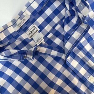 L.L.Bean‎ Men's L Blue White Gingham Check Wrinkle Free Cotton Shirt